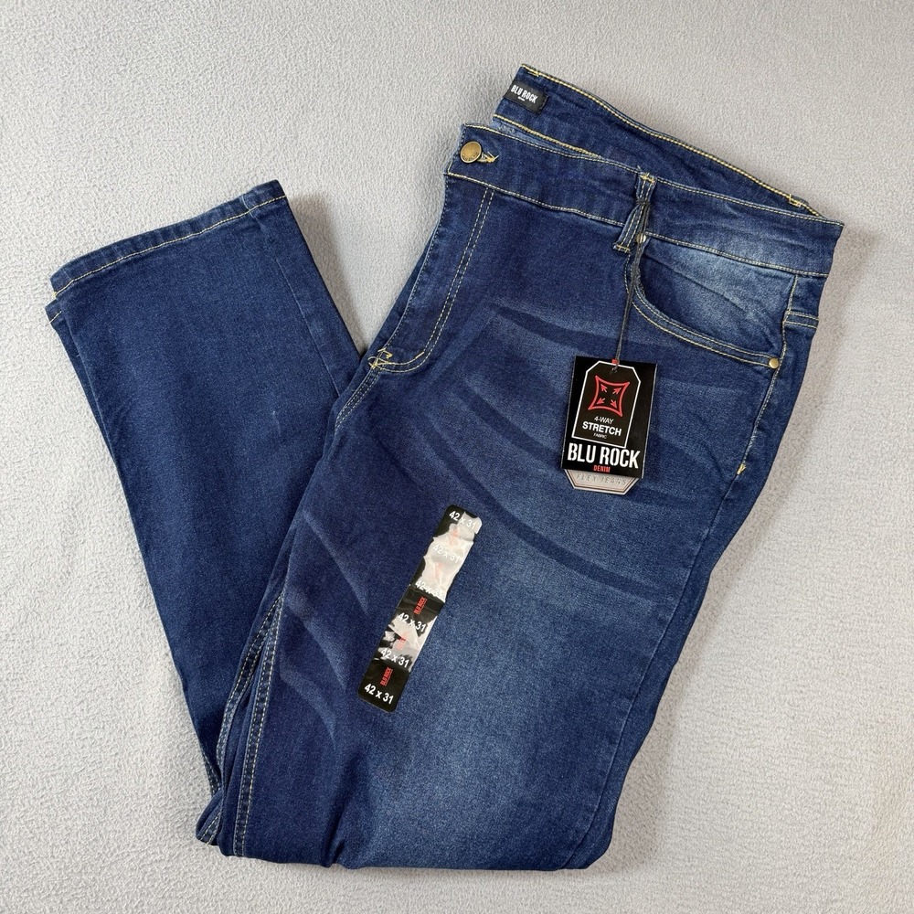 Blu‎ Rock Denim Flex Jeans Mens 42x31 Dark Blue Denim Slim Fit Stretch Comfort